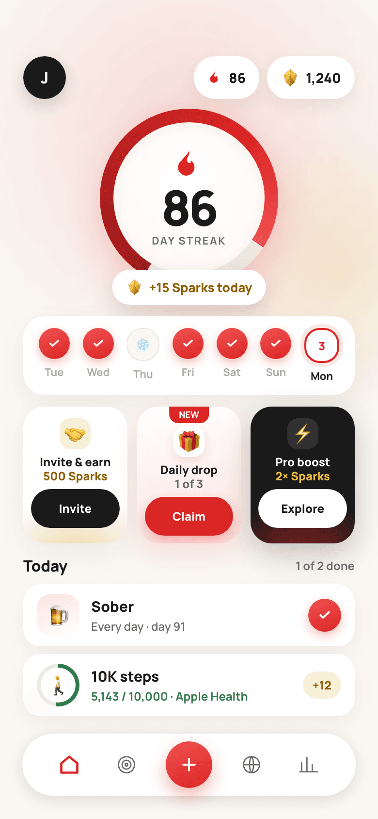 The Today screen — an 86-day streak ring and one tap to check in